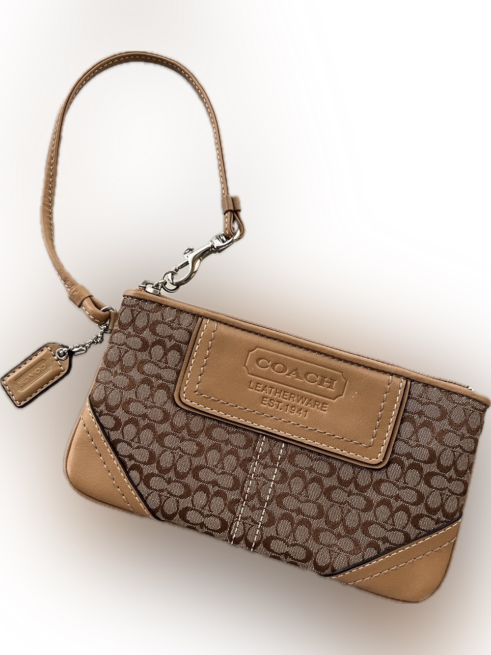 💄Canvas COACH Leather & Jacquard Tan Leatherware Est. 1941 Small "C" Wristlet